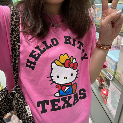 可爱Kitty猫印花玫红显白短袖百搭t恤女纯棉夏季新款显瘦半袖潮