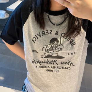 马克先生和天使娜娜飞行员鸭插肩袖 复古撞色显瘦休闲百搭T恤短袖