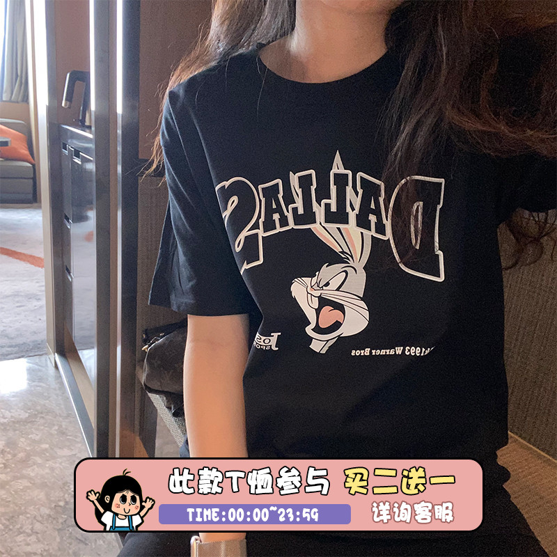 马克先生自制 酷酷女孩潮牌韩版卡通宽松兔子纯棉时尚情侣短袖T恤