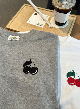 樱桃刺绣简约休闲通勤百搭小众韩版重磅复古可爱显白短袖T恤上衣