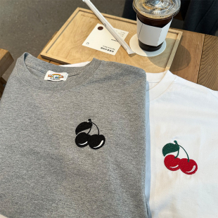 樱桃刺绣简约休闲通勤百搭小众韩版 T恤上衣 重磅复古可爱显白短袖