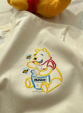 刺绣款小熊维尼噗噗童趣简约复古休闲新款纯棉短袖T恤女夏季宽松