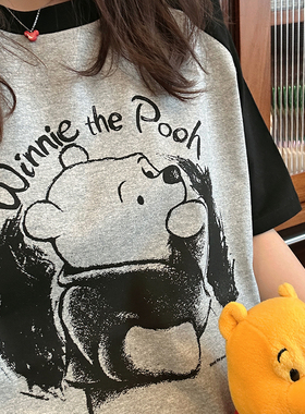 小熊印花重磅复古插肩袖t恤短袖夏季撞色拼接宽松休闲潮牌上衣ins