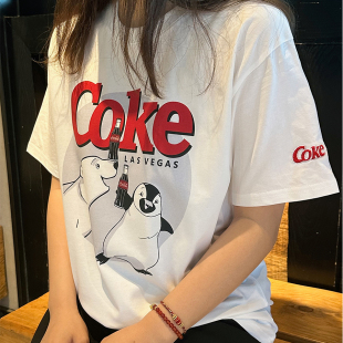 百搭正肩圆领上衣 T恤夏季 可乐刺绣印花美式 复古卡通纯棉宽松短袖