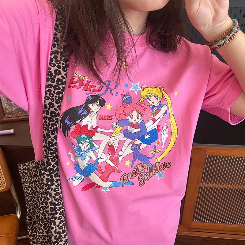 美少女战士卡通印花玫红显白复古新款重磅纯棉短袖T恤女月野兔潮