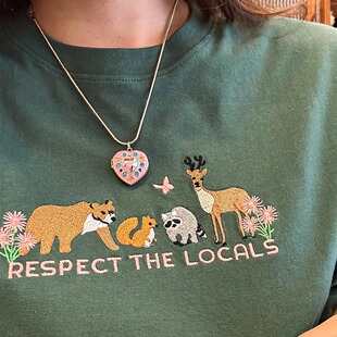 森林动物刺绣简约复古纯棉休闲百搭通勤宽松情侣圆领T恤短袖 上衣