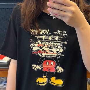 摇头米奇印花百搭纯棉休闲宽松复古精致美式 T恤潮牌 简约通勤短袖