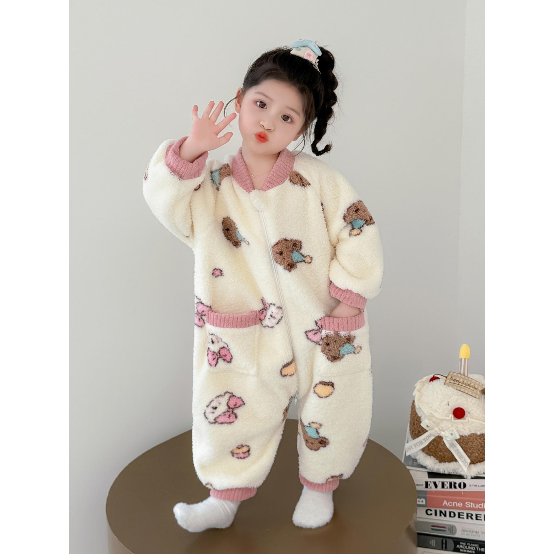 女童珊瑚绒连体睡衣秋冬款加厚婴儿宝宝睡袋冬季儿童法兰绒连体衣