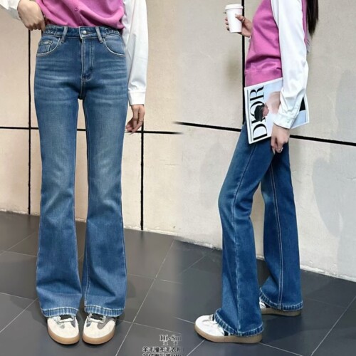冬款加绒高腰显瘦微喇牛仔裤女