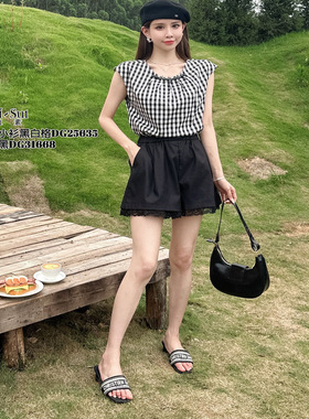现货特价DI-SUI2025夏季25635韩版宽松显瘦圆领格子短袖衬衫女