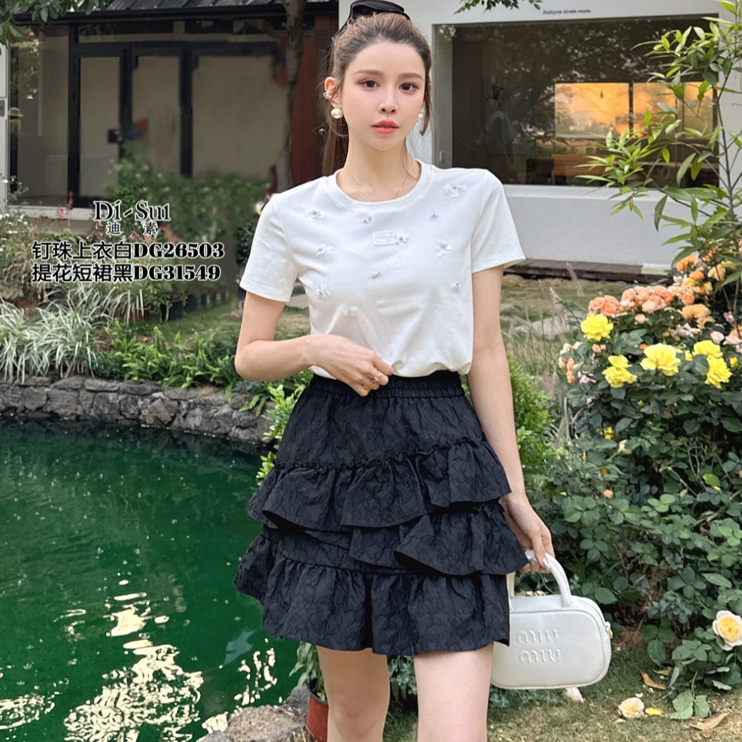 现货特价DI-SUI春夏2025新款重工钉珠亮片花朵圆领短袖T恤26503