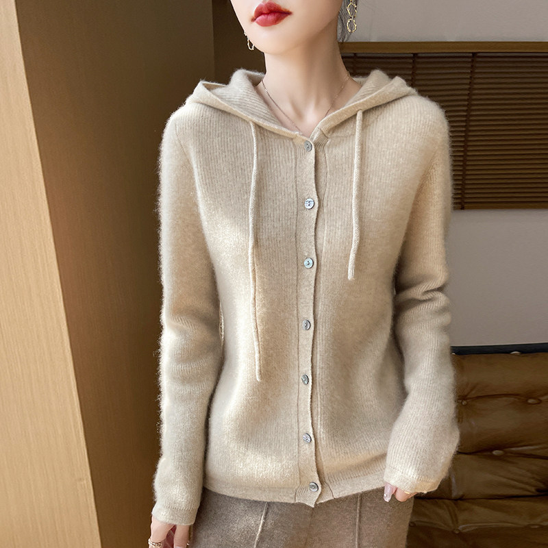 连帽开衫女100%羊毛宽松百搭长袖上衣针织衫带帽毛衣正肩羊绒外套