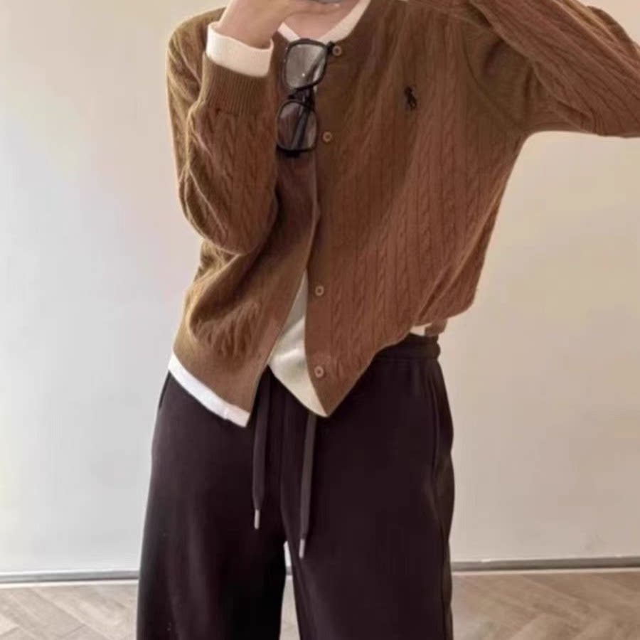 新款小马刺绣100%纯羊毛假两件开衫女外套宽松针织毛衣高级感上衣