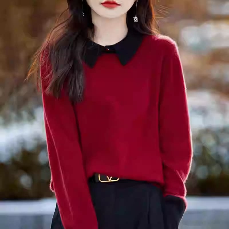 秋冬翻领纯羊毛衫女假两件宽松本命年红色套头拼色毛衣针织打底衫