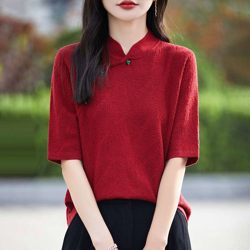 夏款精纺羊毛中袖上衣女蚕蚕丝中式国风旗袍领针织五分短袖T恤衫