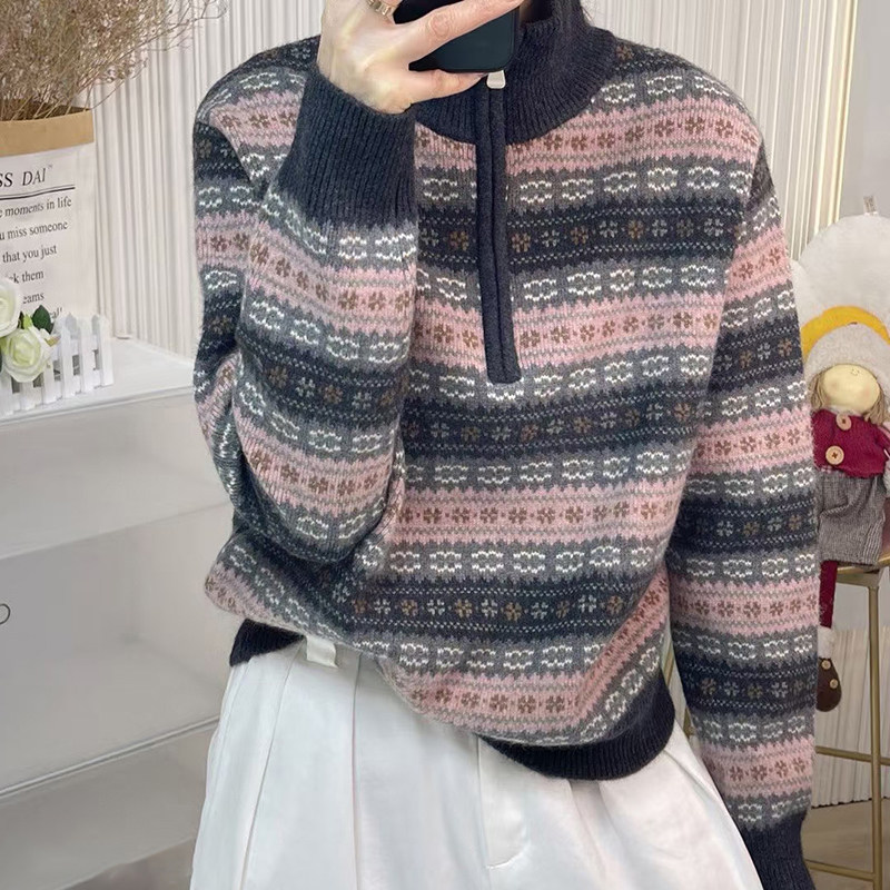 费尔岛复古提花加厚半拉链纯羊毛衫女立领毛衣宽松显瘦针织打底衫,女装/女士精品,毛针织衫,淘宝优惠券,粉丝福利购,淘宝优惠卷
