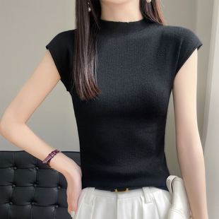 夏季新款半高领精仿羊毛短袖女修身背心简约透气针织T恤包袖上衣