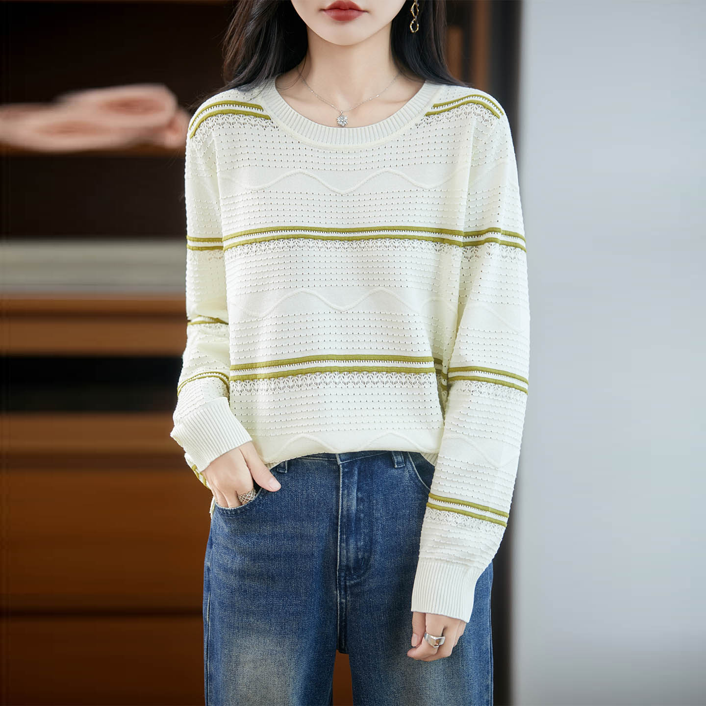 拼色条纹精纺丝绵针织长袖毛衣女圆领套头25秋冬新款显瘦宽松上衣