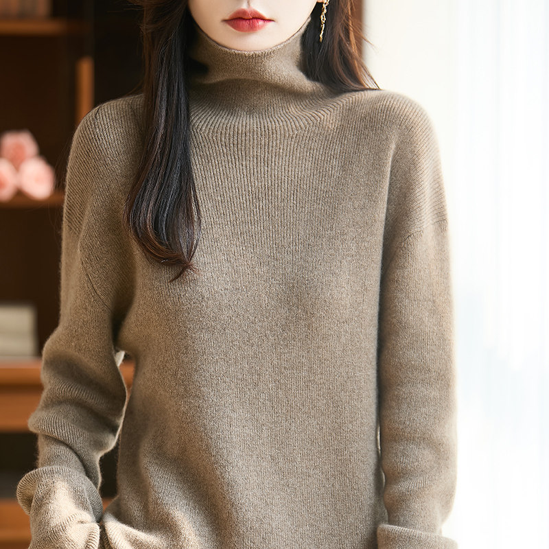 秋冬100%纯羊毛衫女堆堆高领坑条纯色针织毛衣宽松羊绒衫打底上衣