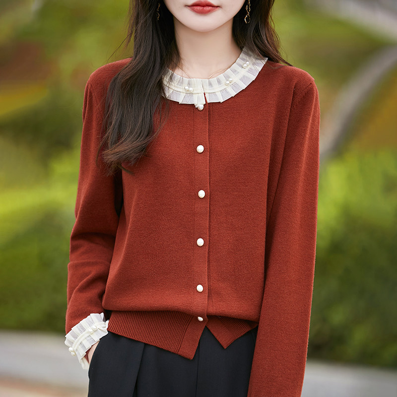 秋冬蕾丝边圆领精纺羊毛开衫女小香风针织衫气质宽松加厚毛衣外套