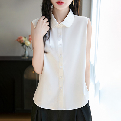 高级感春夏纯棉翻领无袖衬衫女内搭上衣POLO领衬衣配西装打底背心