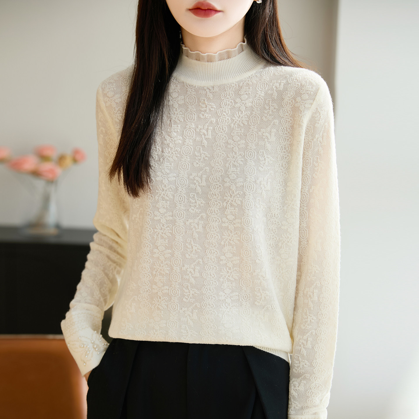 秋冬新款精纺羊毛衫女蕾丝花边半高领针织毛衣欧根纱镂空提花打底