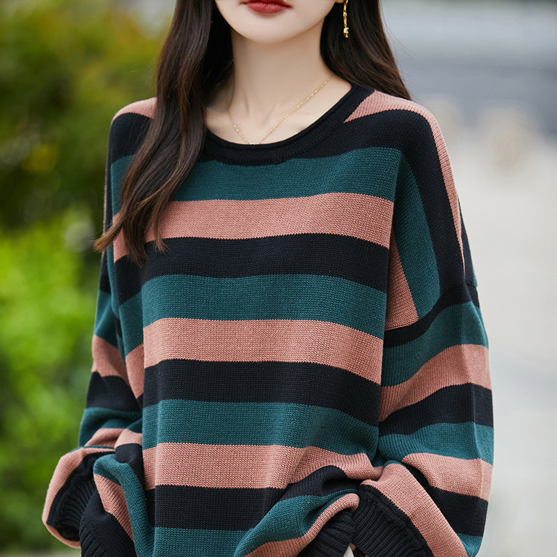 复古文艺彩色条纹春季新款100%纯棉线毛衣女圆领宽松气质上衣外穿