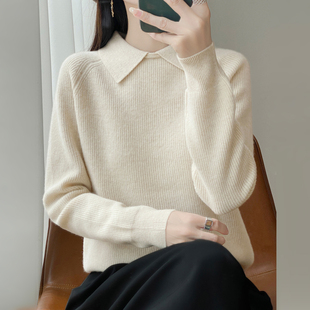 娃娃领羊毛衫女2025秋冬宽松坑条套头毛衣新款时髦翻领针织打底衫