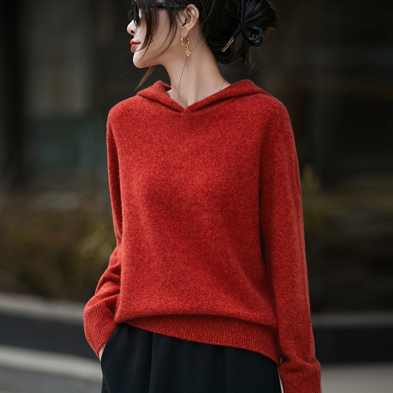 2025秋冬新款连帽套头100%纯羊毛衫女宽松加厚保暖毛衣针织打底衫