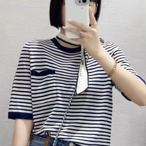 精纺细羊毛针织短袖t恤女经典条纹宽松上衣拼色圆领薄款口袋带兜
