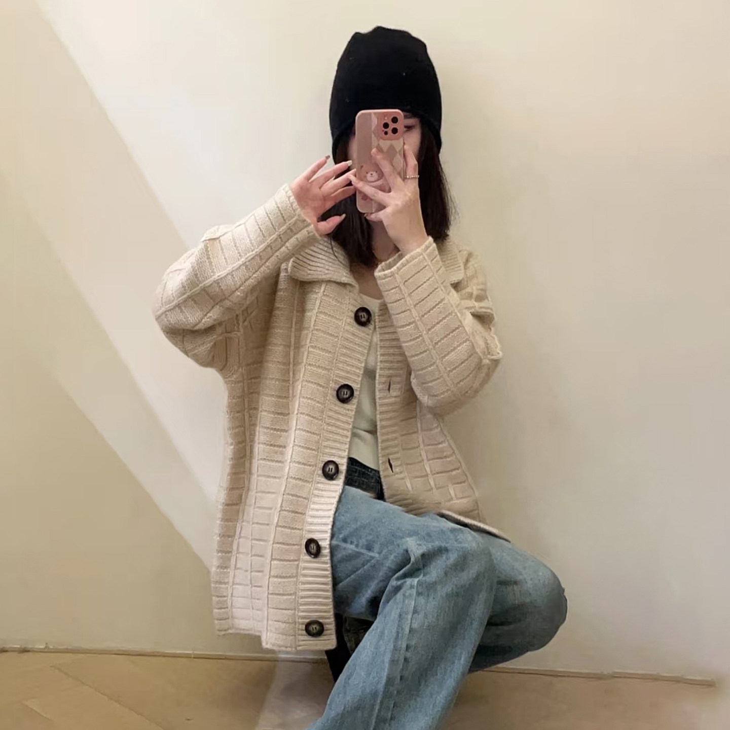 25秋冬中长款100%纯羊毛开衫女翻领针织毛衣外搭宽松慵懒羊绒外套