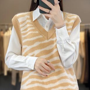 V领100纯羊毛针织坎肩背心女无袖套头毛衣打底衫斑马条纹羊绒马甲