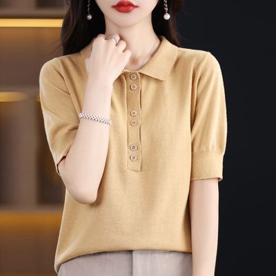 夏季新款纯棉线针织POLO领短袖T恤衫宽松短款全棉线上衣体恤薄款