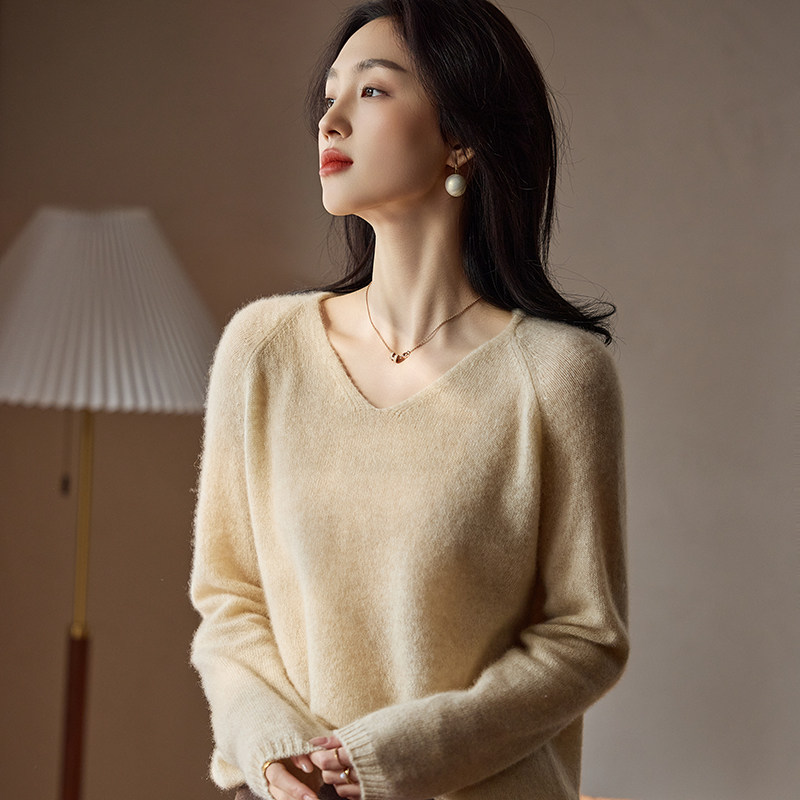 春季新款V领100%纯羊毛衫女套头长袖毛衣韩版百搭薄款针织打底衫