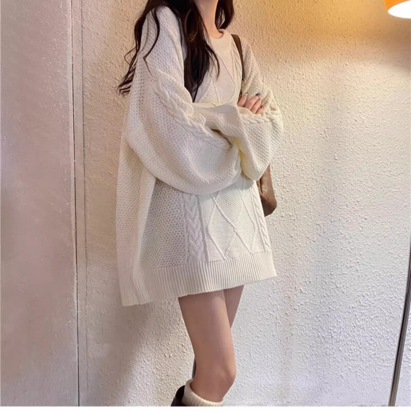 秋冬新款圆领100%纯羊毛衫女中长款宽松慵懒风麻花加厚毛衣针织衫