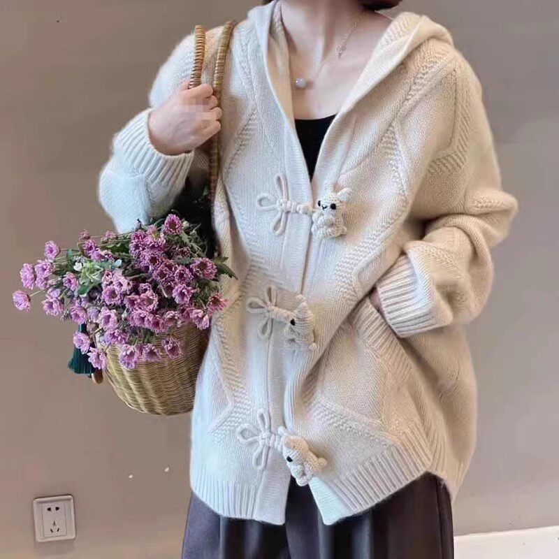 秋冬款羊毛开衫女韩版慵懒风帽衫毛衣外套盘扣加厚羊毛衫针织上衣