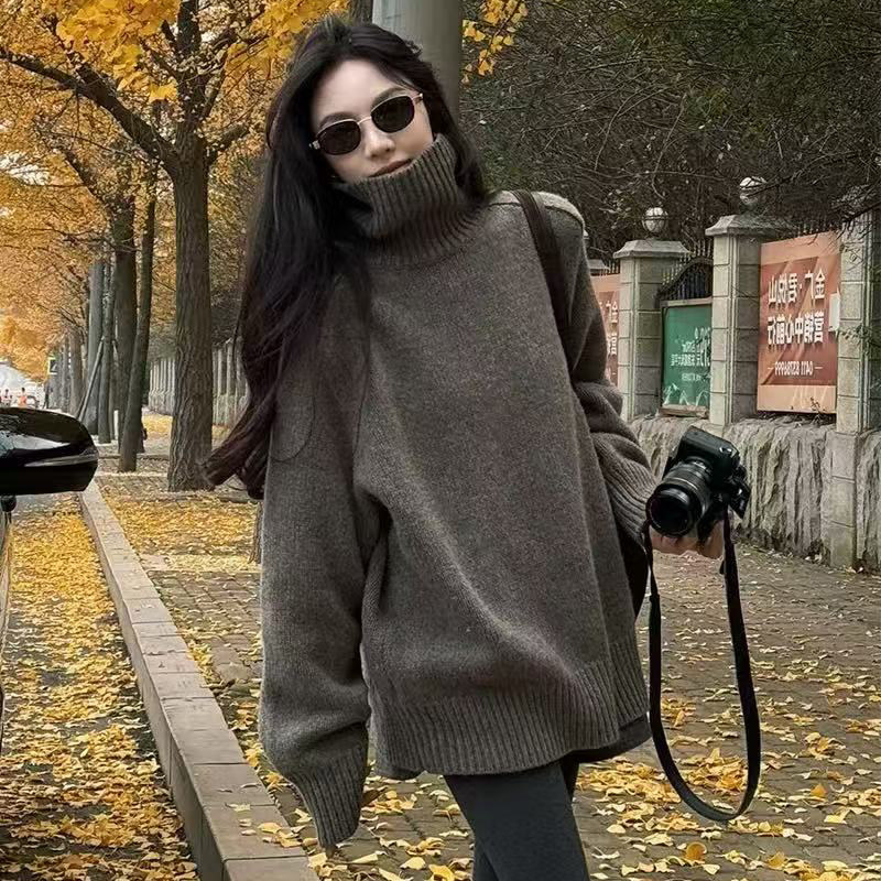 高领慵懒毛衣女2025秋冬新款100%纯羊毛衫欧货高端加厚宽松打底衫
