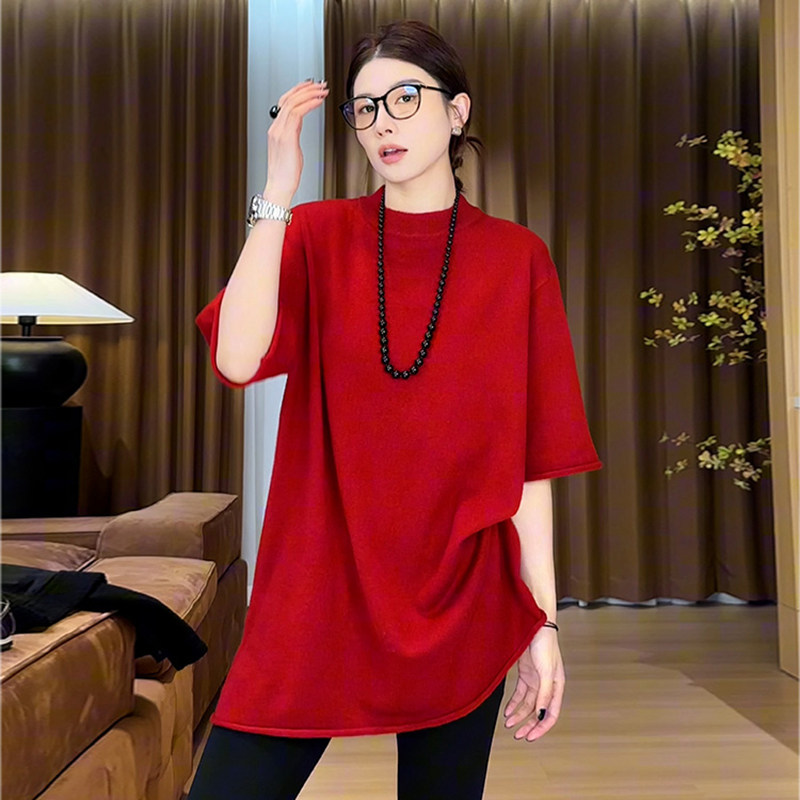 春秋小众设计100%纯羊毛中长款圆领宽松半袖T恤女短袖显瘦打底衫