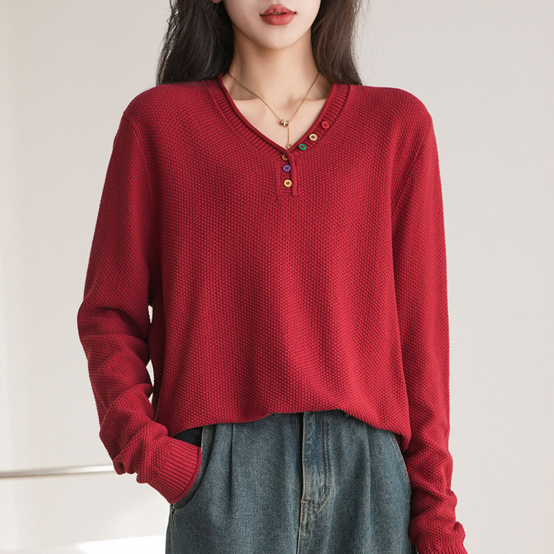 春季新款100%纯棉彩纽扣V领针织衫毛衣女士套头棉线宽松打底上衣