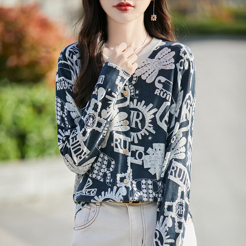 春夏新款印花针织开衫外套女圆领撞色开衫上衣宽松显瘦防晒衫