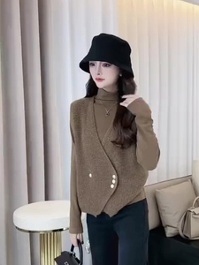 2023秋季新款时尚韩版宽松百搭打底上衣不规则针织马甲两件套装女