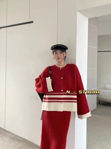 秋冬法式复古条纹撞色开衫毛衣外套宽松大码针织开叉半身裙套装女