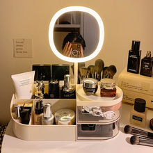 高级感桌面化妆品收纳盒带镜子一体梳妆台护肤品置物架化妆镜带灯