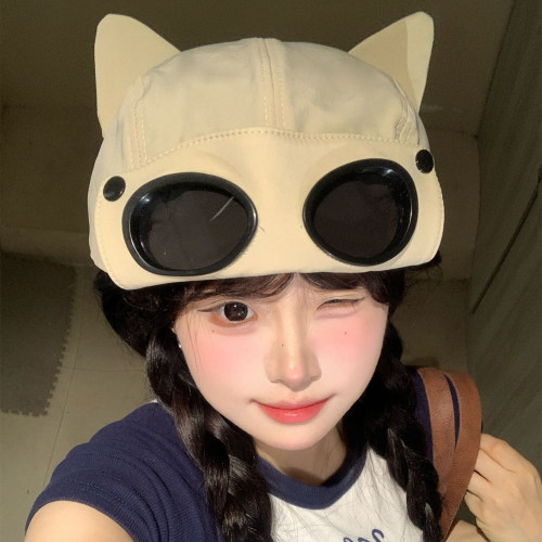 正反两戴猫耳朵眼镜飞行员帽子