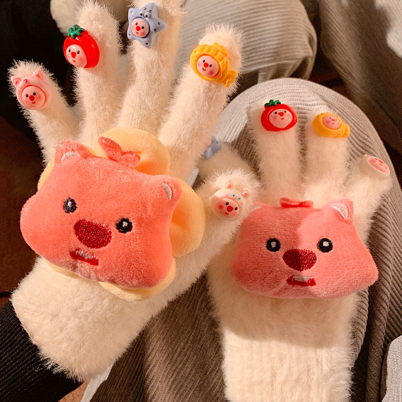 可爱露比毛绒针织手套女冬季