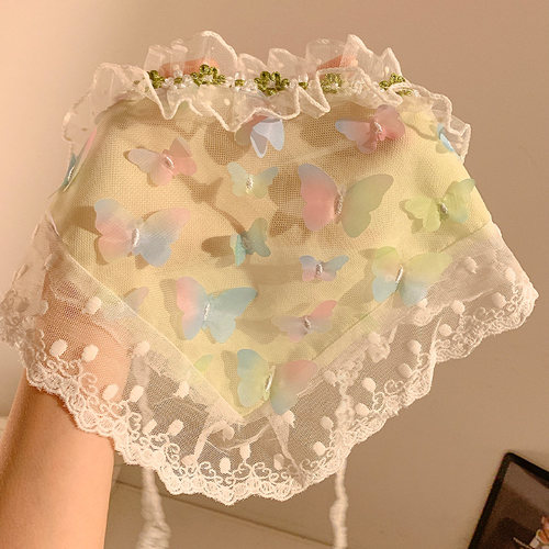 田园风蝴蝶蕾丝头巾三角巾女包头