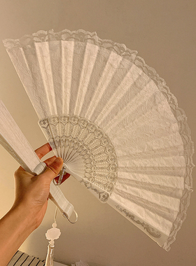 法式古风蕾丝流苏折叠小扇子夏季随身便携舞蹈汉服女生中国风折扇