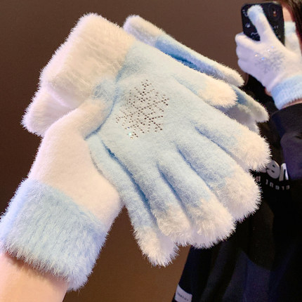 水钻雪花毛绒针织五指手套女冬季加绒加厚保暖御寒防冻骑行车可爱