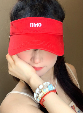 韩版刺绣字母红色空顶防晒帽女夏2025新款遮阳显脸小运动鸭舌帽子