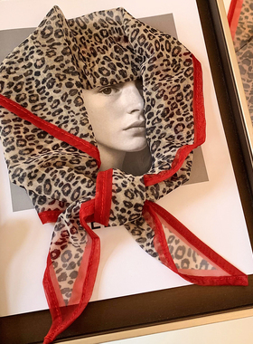 复古红色豹纹三角巾丝巾女春夏系脖薄款高级感围巾领巾包头巾屁帘